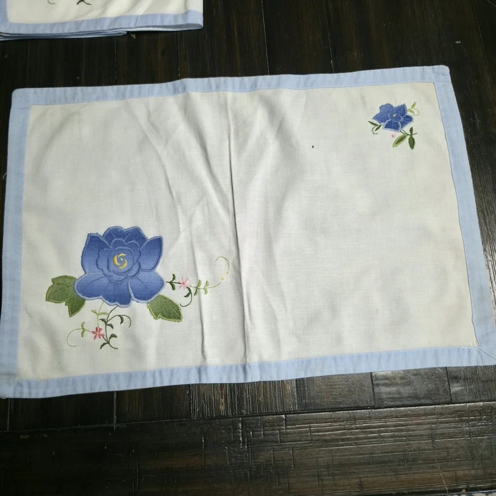 MCM Hand Embroidered Blue Rose Placemats Cotton Linen Table Linens Set of 7